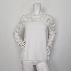 Wells Grace Women's White Crochet Coquette Preppy Long Sleeve Blouse Size S